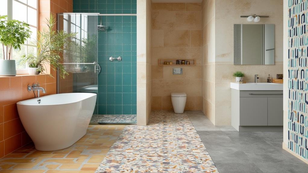 A modern bathroom with a freestanding bathtub, a walk-in shower, and a vanity with a sink and mirror.