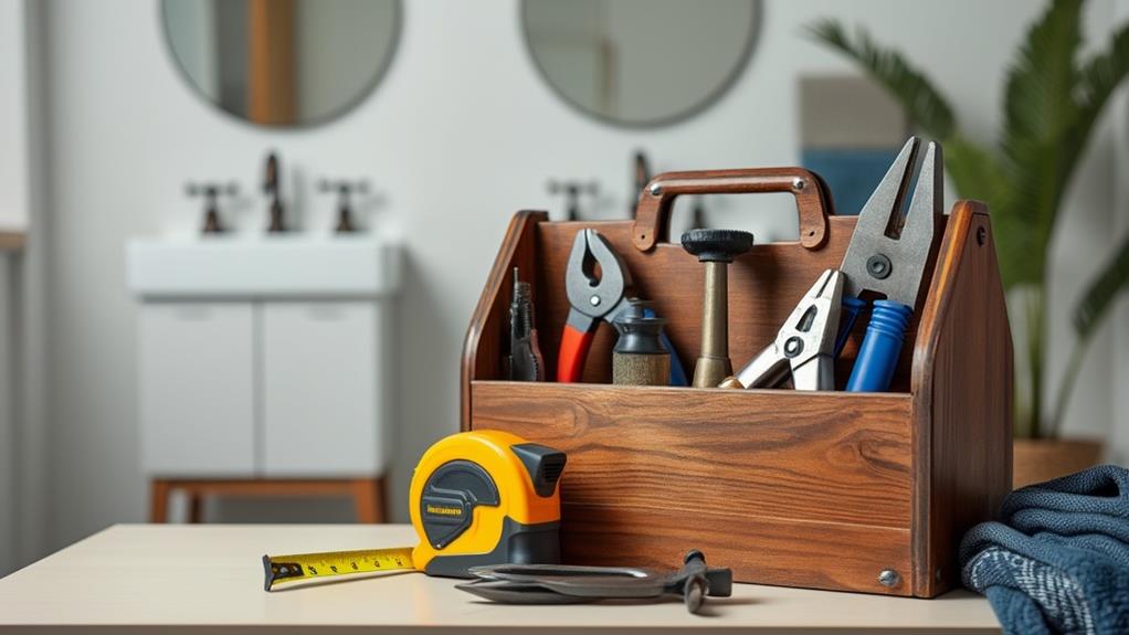 A toolbox filled with various tools and a measuring tape on a bathroom counter.
