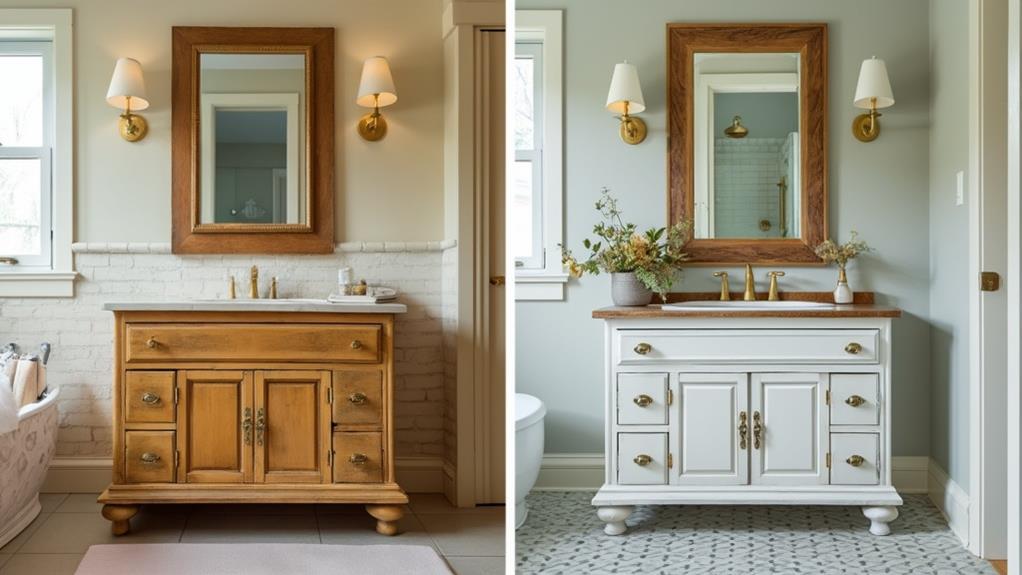 A before-and-after image of a bathroom vanity, showcasing a budget-friendly makeover.