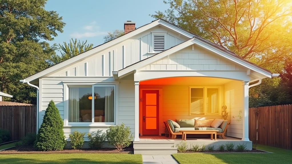 A white house with a red door and a porch.