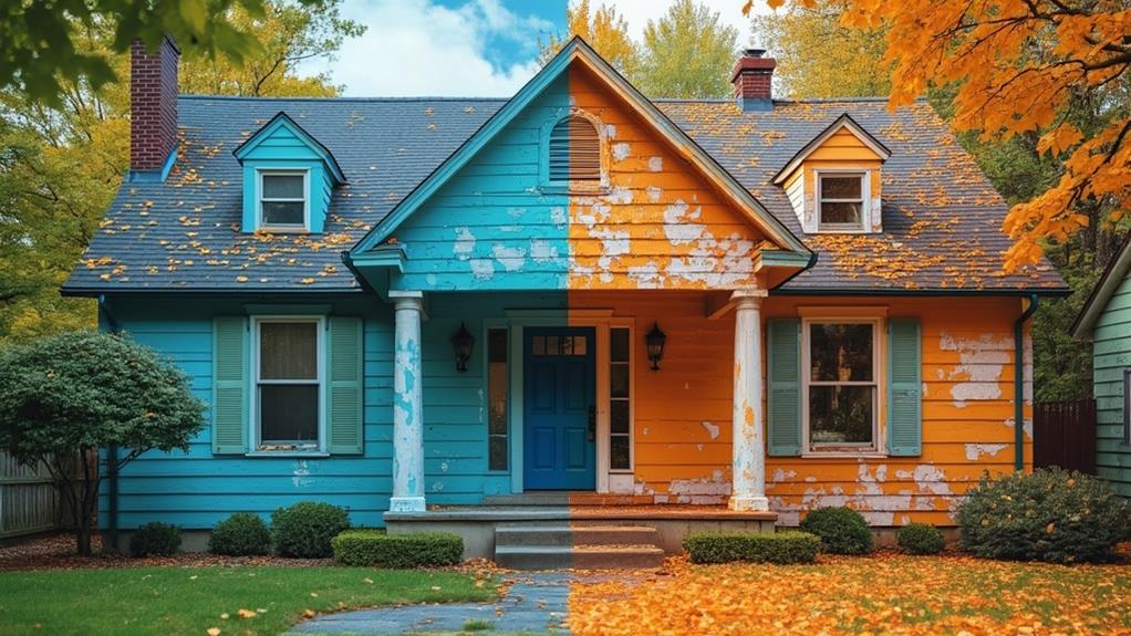 A house with two different sides, one freshly painted and the other showing signs of wear and tear.